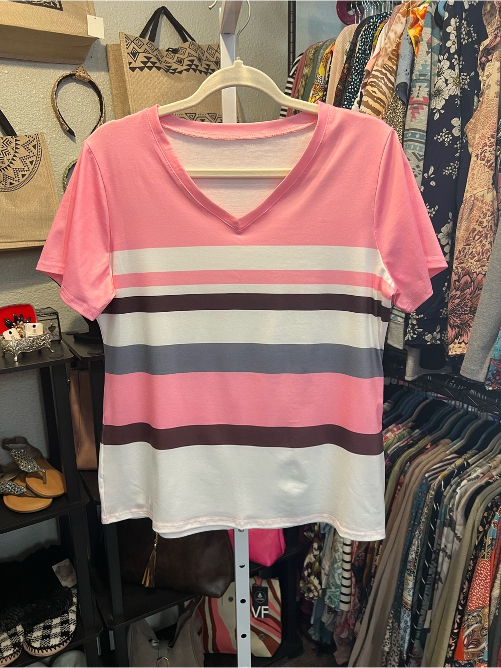 Pink Striped V-Neck Tee